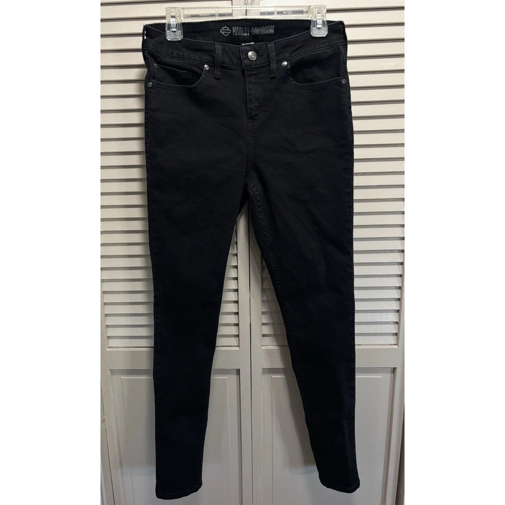 Harley Davidson Womens Black Skinny Leg Jeans Size 29 Mid Rise Biker Logo